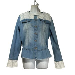back in the saddle western wear denim Peplum Ruffle lace jean jacket Size L